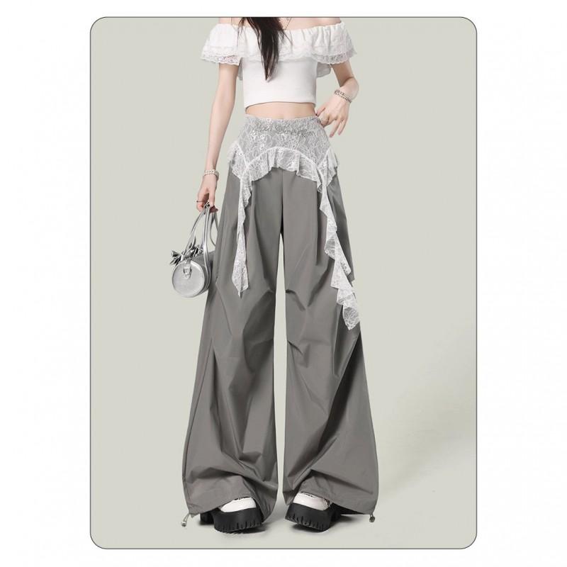 Womens High-Waisted Wide-Leg Pants With Lace Trim Loose Fit Breathable Taffeta Streetwear Jazz Dance Casual Wear