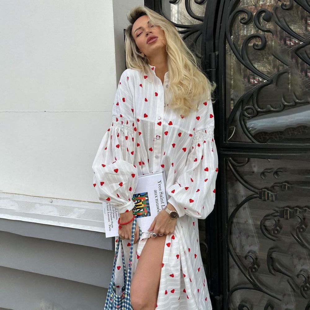 Love Print Dress Women's Spring Summer Splicing Lantern Sleeve Cotton Big Hem Dresses