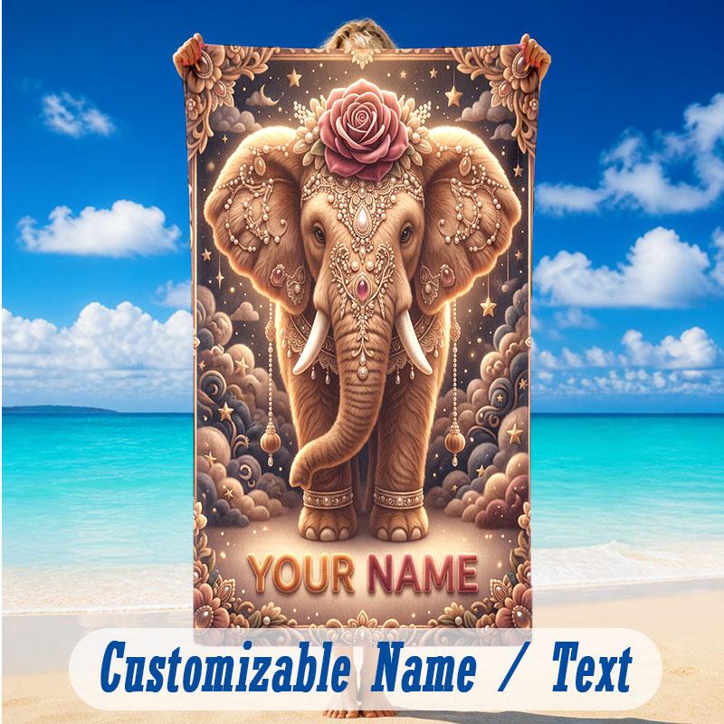 Elephant Theme Beach Towel Personalized Custom Name & Text Soft Quick Dry Beach Towel for Swimming Travel