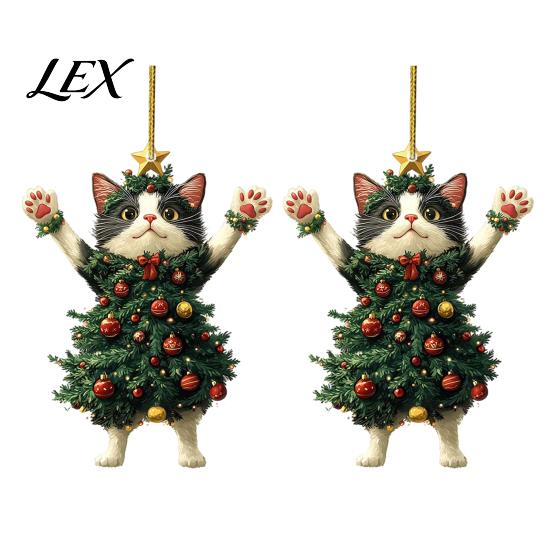 Party Favors for Christmas 2Pcs Cat Acrylic Ornament, 2D Flat Kitty Hanging Pendant with Holiday Supplies Santa Hat Tree Decor, Car Rearview