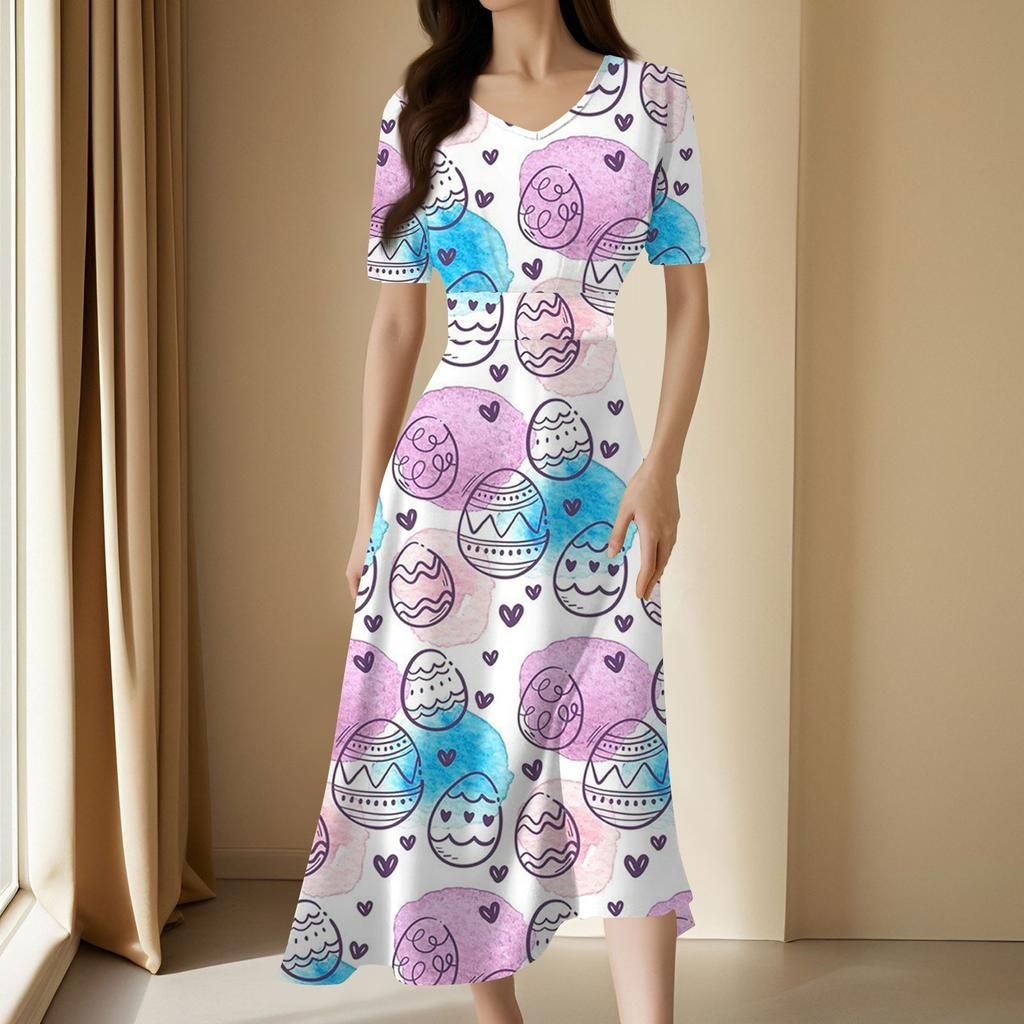 Женское повседневное модное длинное свободное платье с v-образным вырезом и коротким рукавом на талии