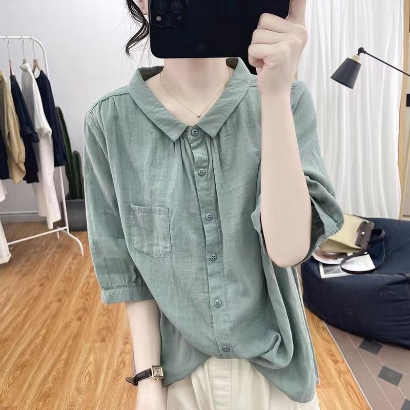 Summer Loose Three-quarter Sleeve Shirt Women's Casual Loose Solid Color Age-reducing Tops Retro Lapel Sunscreen Shirt