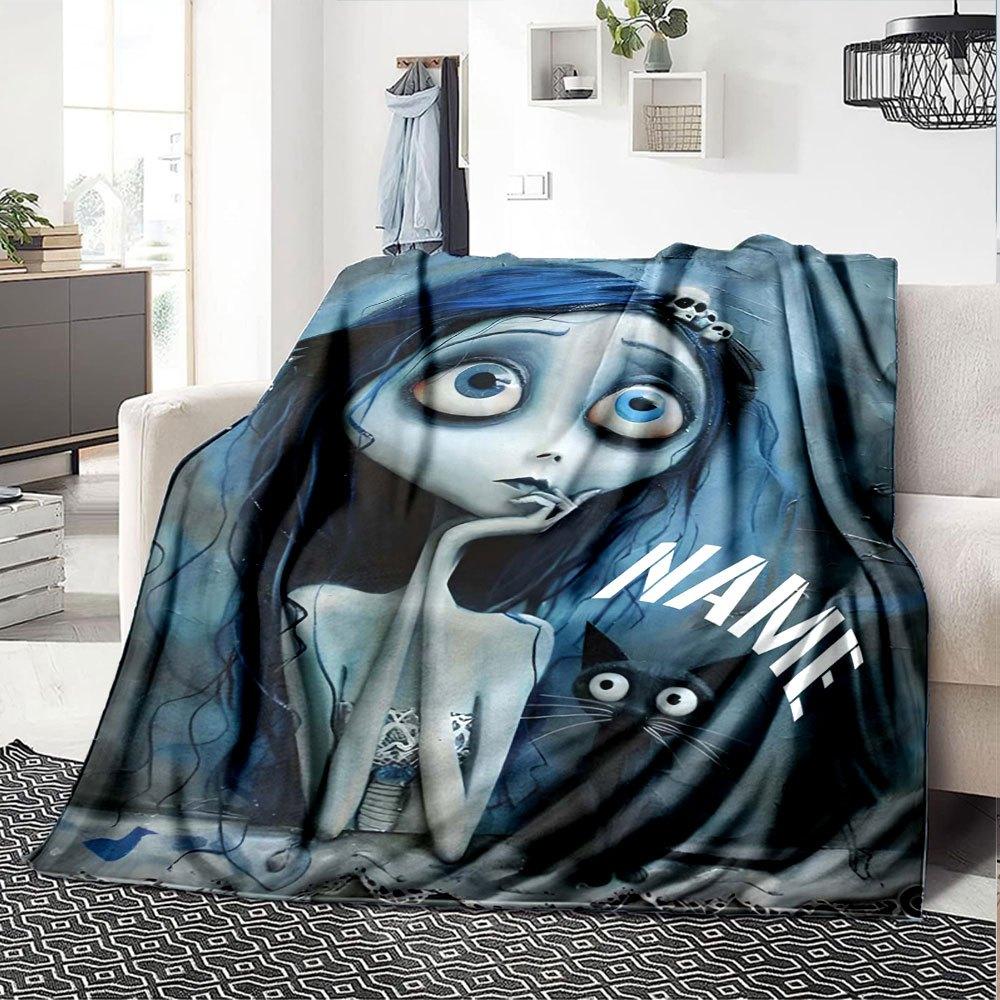 Blue Haired Gothic Beauty With Black Cat Multi Purpose Customizable Blanket Personalized Text Soft Warm Cozy Versatile For Sofa Couch Office Bed
