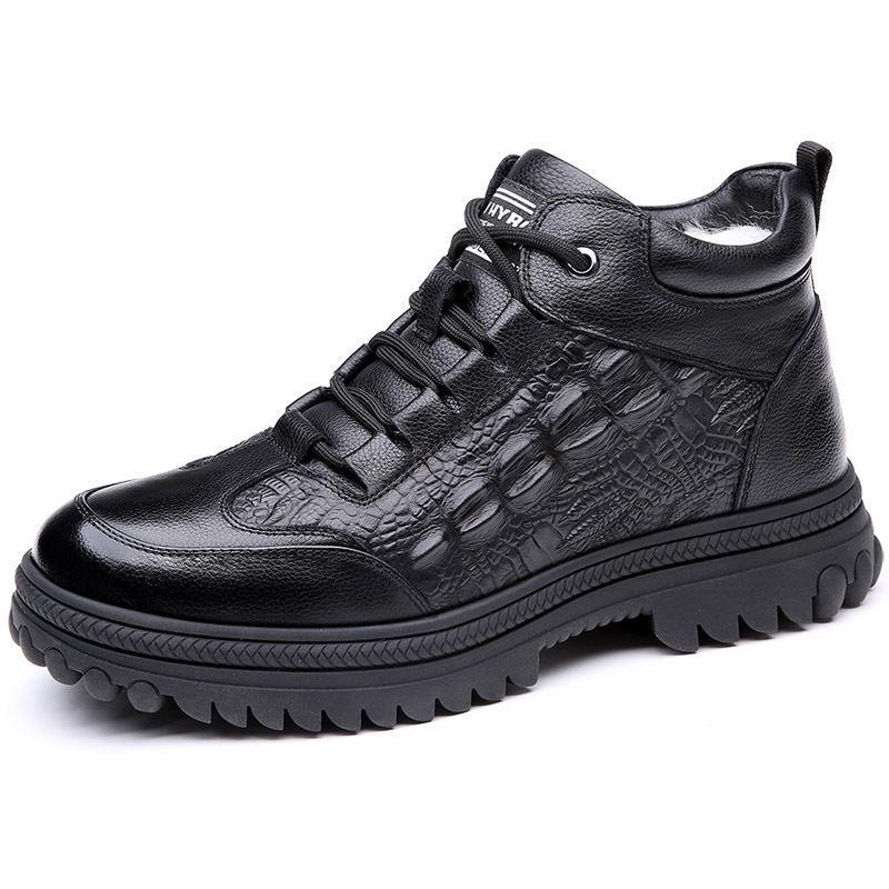 Chunky Classic Black Leather Men'S Snow Boots Winter New Super Thick Plush Warm High-Top Outdoors Hiking Sport Male Shoes