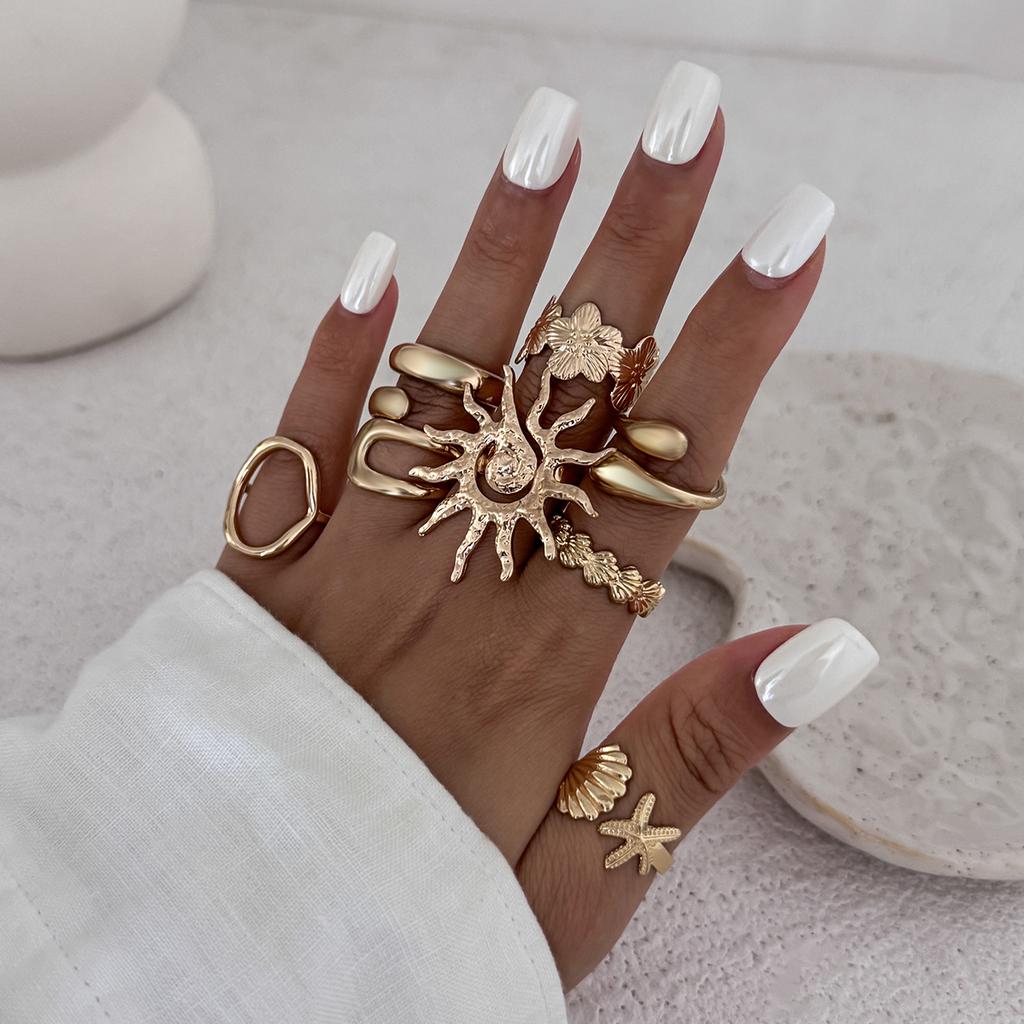 Ingemark 8Pcs/Set Boho Flower Scallop Open Rings for Women Summer Vintage Starfish Adjustable Knuckle Joint Rings Couple Jewelry