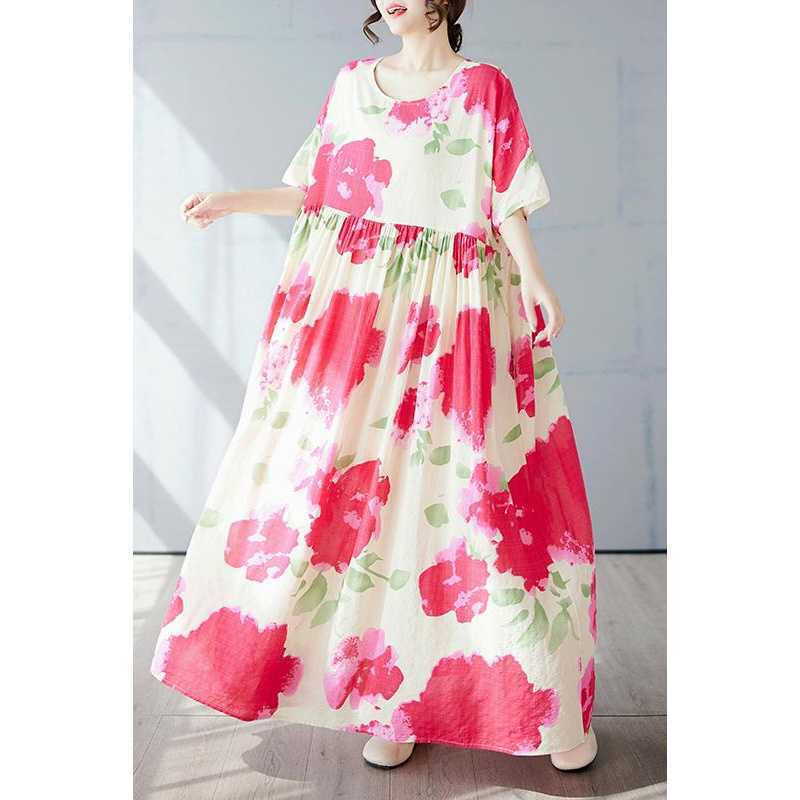 Простая и модная длинная юбка, летнее платье с короткими рукавами и круглым вырезом с принтом