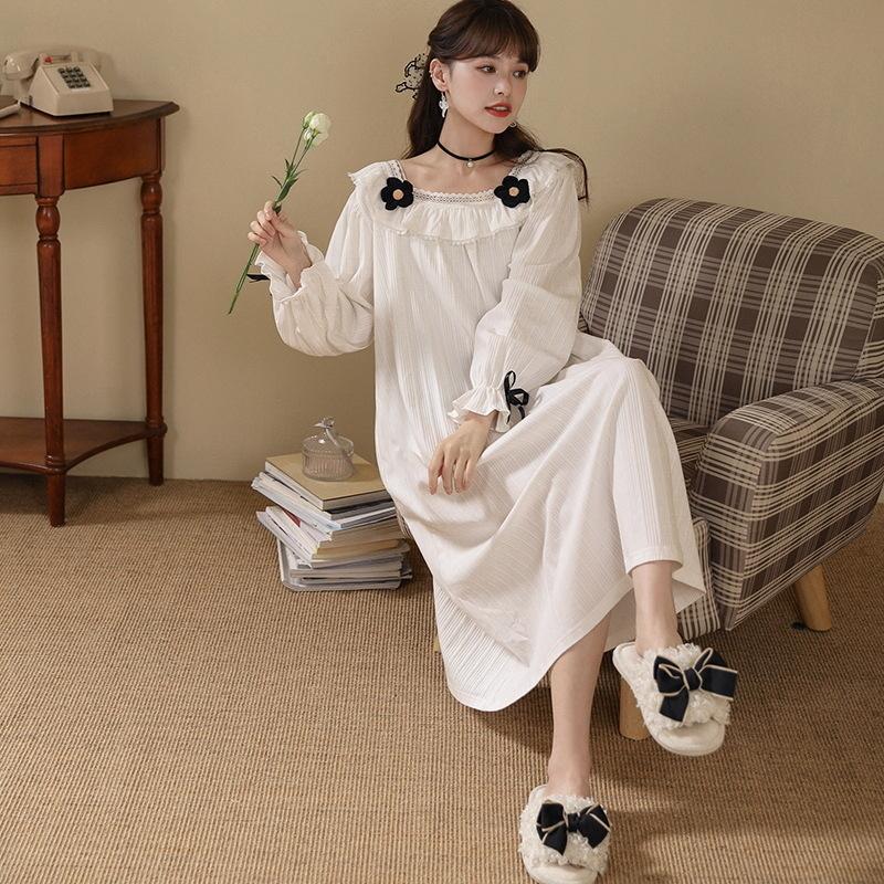 Nightdress Women Sweet Autumn Cotton Long-sleeved Pajama Palace Long Princess Style Home Clothes Chic Midi Dress