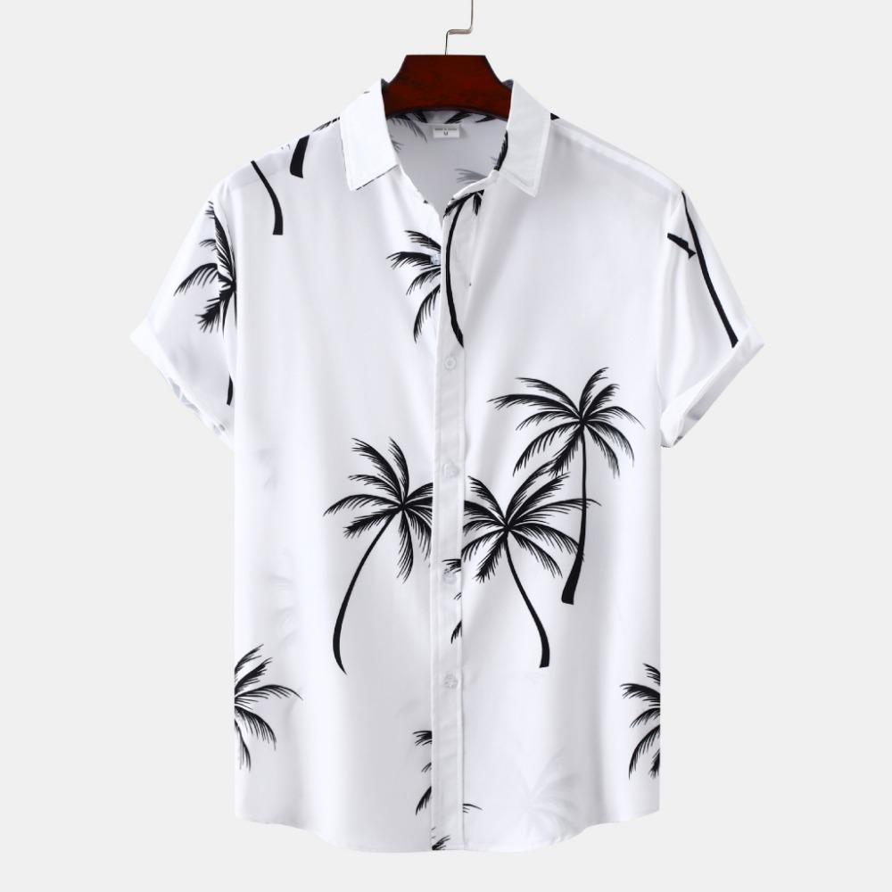 White/Black Men's Summer Casual Hawaiian Beach Loose Collar Flower Short Sleeve Shirt Printed Button Plus Size