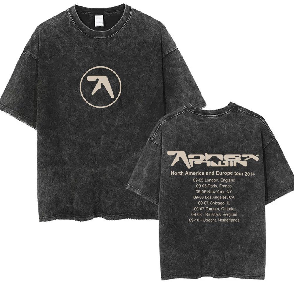 Washed Retro Aphex Twin Tour 2014 T-shirt Men Women Casual Cotton Retro Vintage T Shirts Men's Fashion Oversized Tops Streetwear