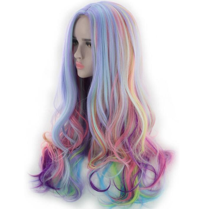 Long Curly Wigs Colorful Rainbow Wig Women Cosplay Synthetic Hair High Temperature Fiber Fake Hair Halloween Party Play Perucas