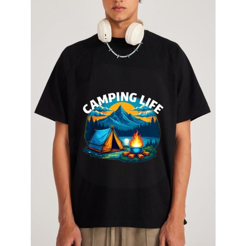 Футболка Camping Life Белая гора Палаточный лагерь Сцена костра Дизайн для приключений на природе для любителей природы Пешие и кемпинговые мероприятия