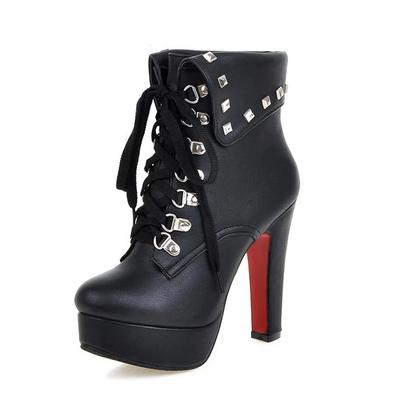 Зимний стиль Толстые высокие каблуки Заклепки Шнуровка Ботильоны Платформа Женские ботинки Осенняя обувь Женские челси Ботильоны Высокие каблуки