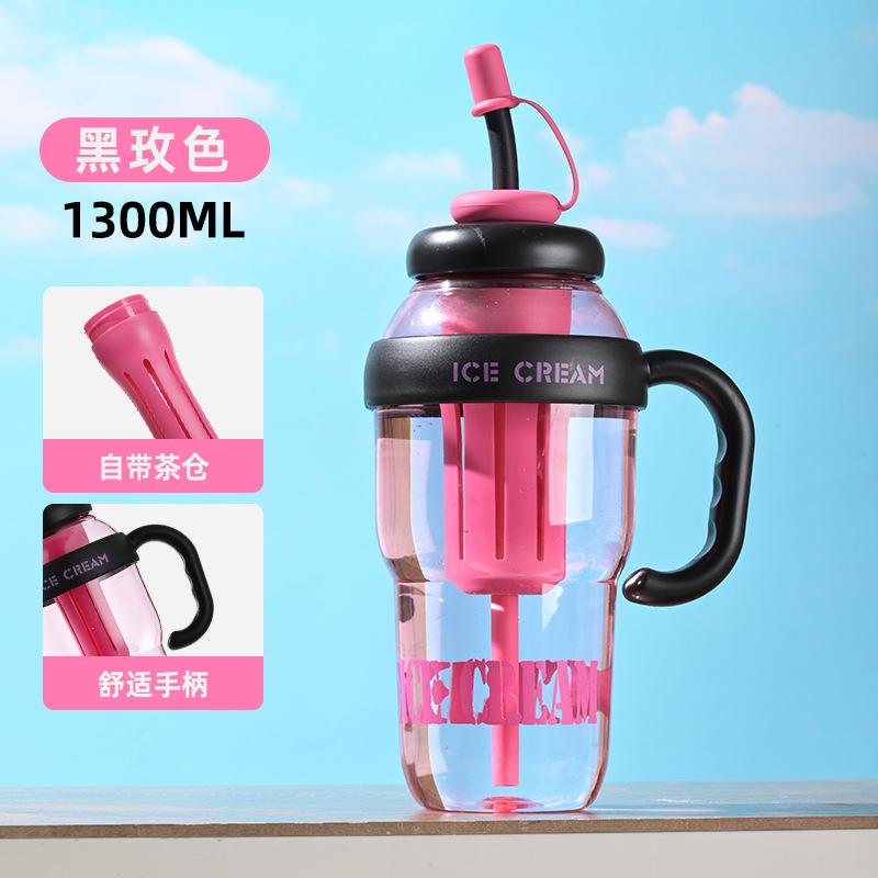 Straw cup Plastic big belly cup Large capacity flower teacup with handle Large kettle