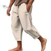 Men Cropped Pants Drawstring Elastic Waist Solid Color Loose Pockets Split Deep Crotch Soft Breathable Summer Vacation Beach