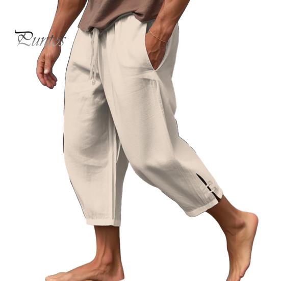 Men Cropped Pants Drawstring Elastic Waist Solid Color Loose Pockets Split Deep Crotch Soft Breathable Summer Vacation Beach