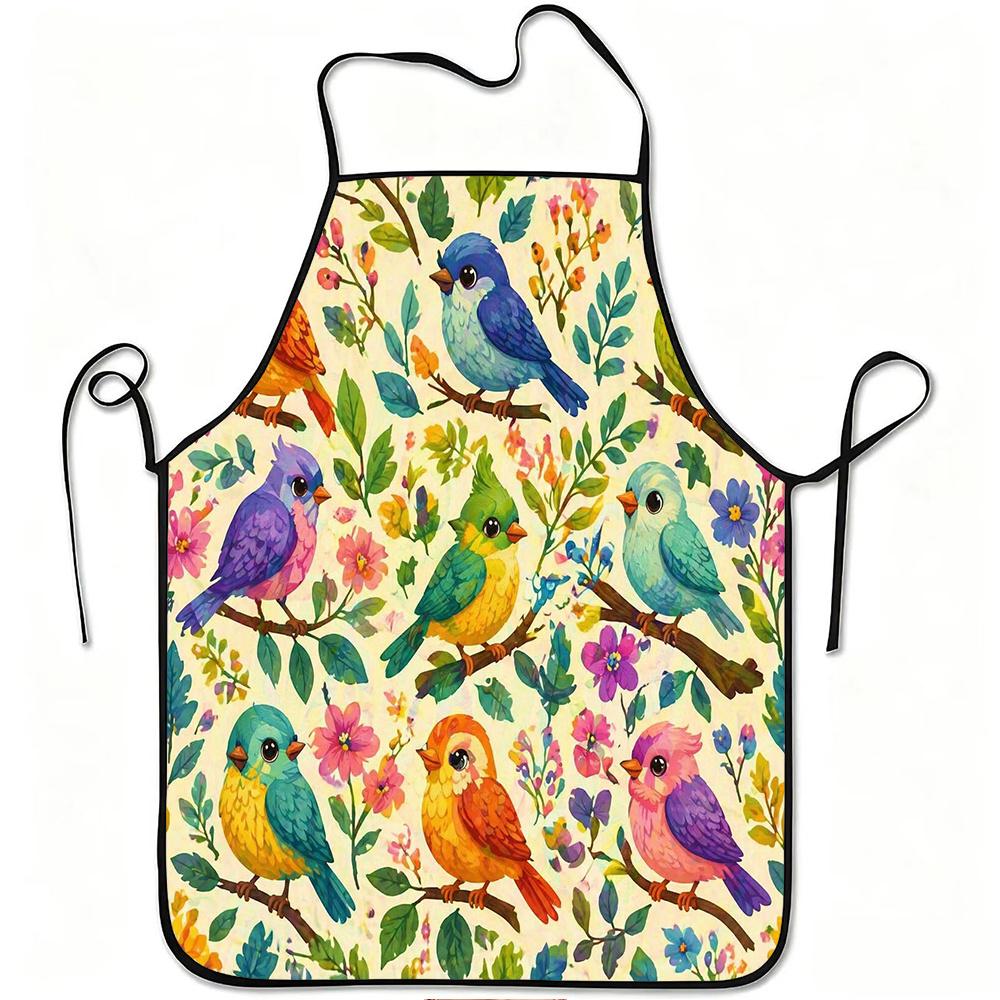 1pc & Apron Suitable for Cooking, Gardening, Picking - Adjustable Waistband, Durable Easy-Clean Polyester Apron with Colorful Birds & Flowers Print, f