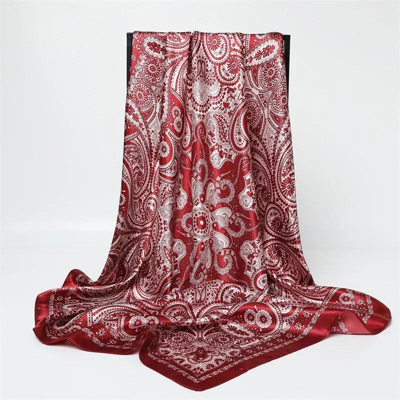 New Spring/Summer Orange Imitation Silk Neckerchief Outdoor Decoration Wraps for Women 90*90cm Cashew Print Square Scarf