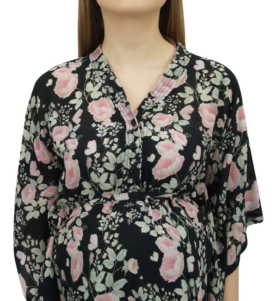 Bimba Moms Черный цветочный принт кимоно рукава для беременных кафтан с поясом-10