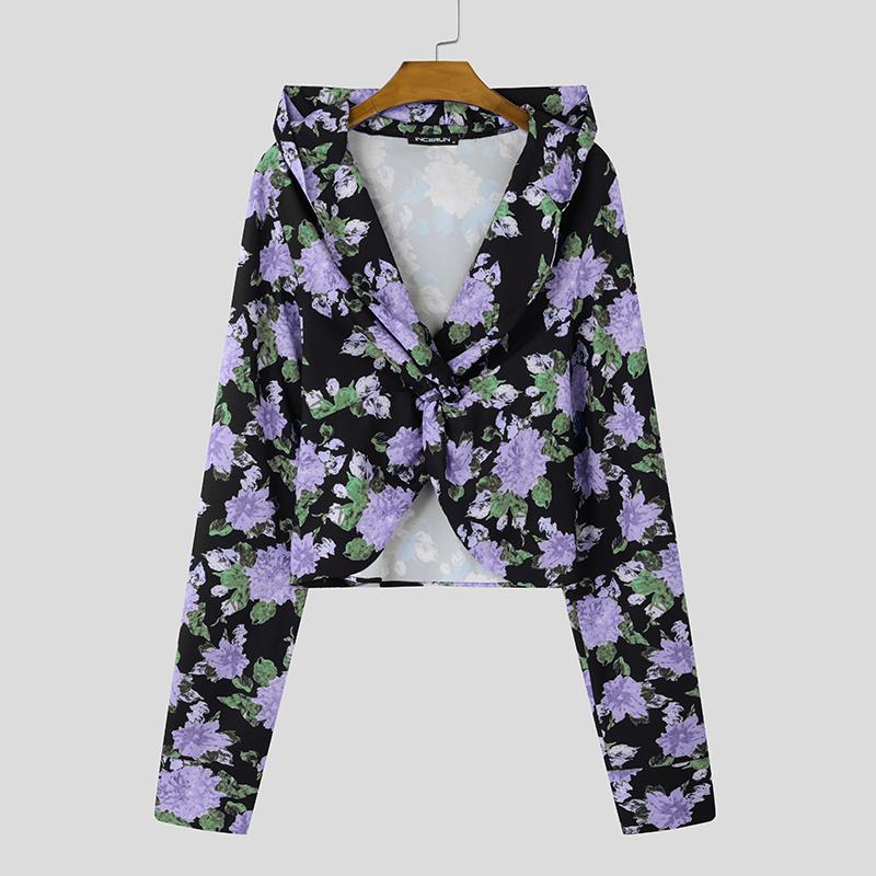 INCERUN Мужские толстовки с капюшоном с длинным рукавом спереди и перекрученным узором, короткие топы с принтом