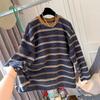 Дизайн большого размера для осени и зимы с мягкой и пушистой текстурой, полосатая футболка с длинным рукавом, повседневный топ для женщин в непринужденном и расслабленном стиле
