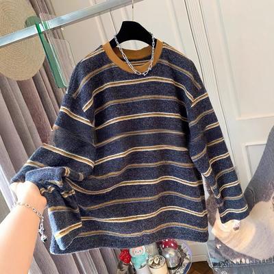 Дизайн большого размера для осени и зимы с мягкой и пушистой текстурой, полосатая футболка с длинным рукавом, повседневный топ для женщин в непринужденном и расслабленном стиле