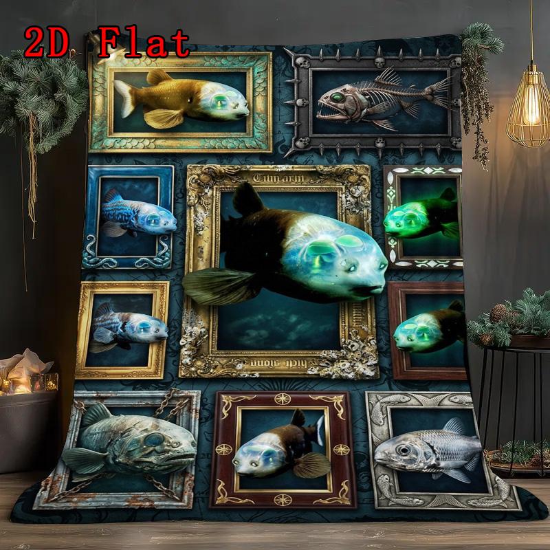 Fish Collection 2D Flat Pattern Flannel Blanket, High quality All Seasons, Home Decor, Warmth and Comfort, Perfect for Christmas Gifts.
