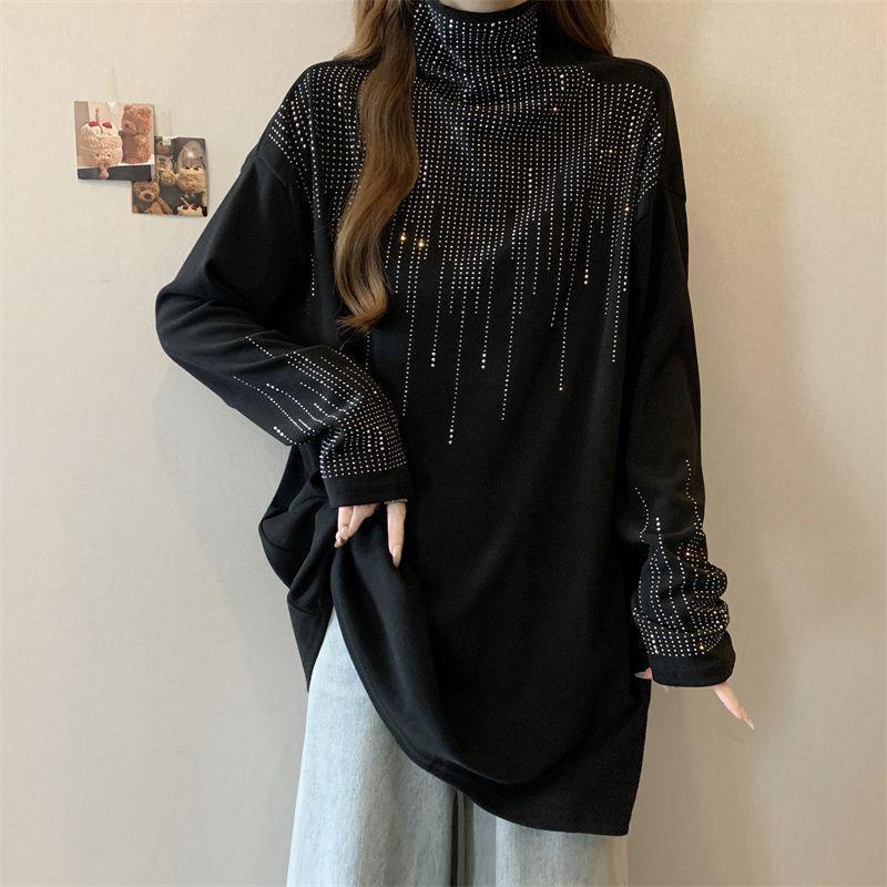 Худи большого размера с бархатом и стразами, с высоким воротником, для женщин - Осень/Зима, свободный крой, скрывает недостатки, Топ