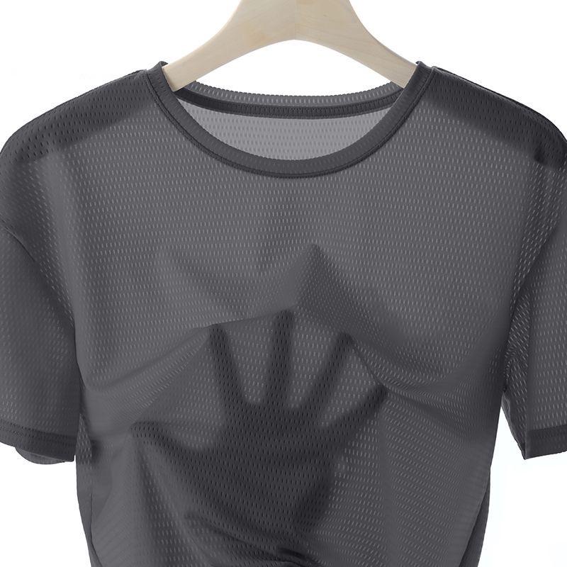 Мужская быстросохнущая сетчатая спортивная футболка Ice Silk с принтом — круглый вырез, короткий рукав, летний выпуск 2024 г.