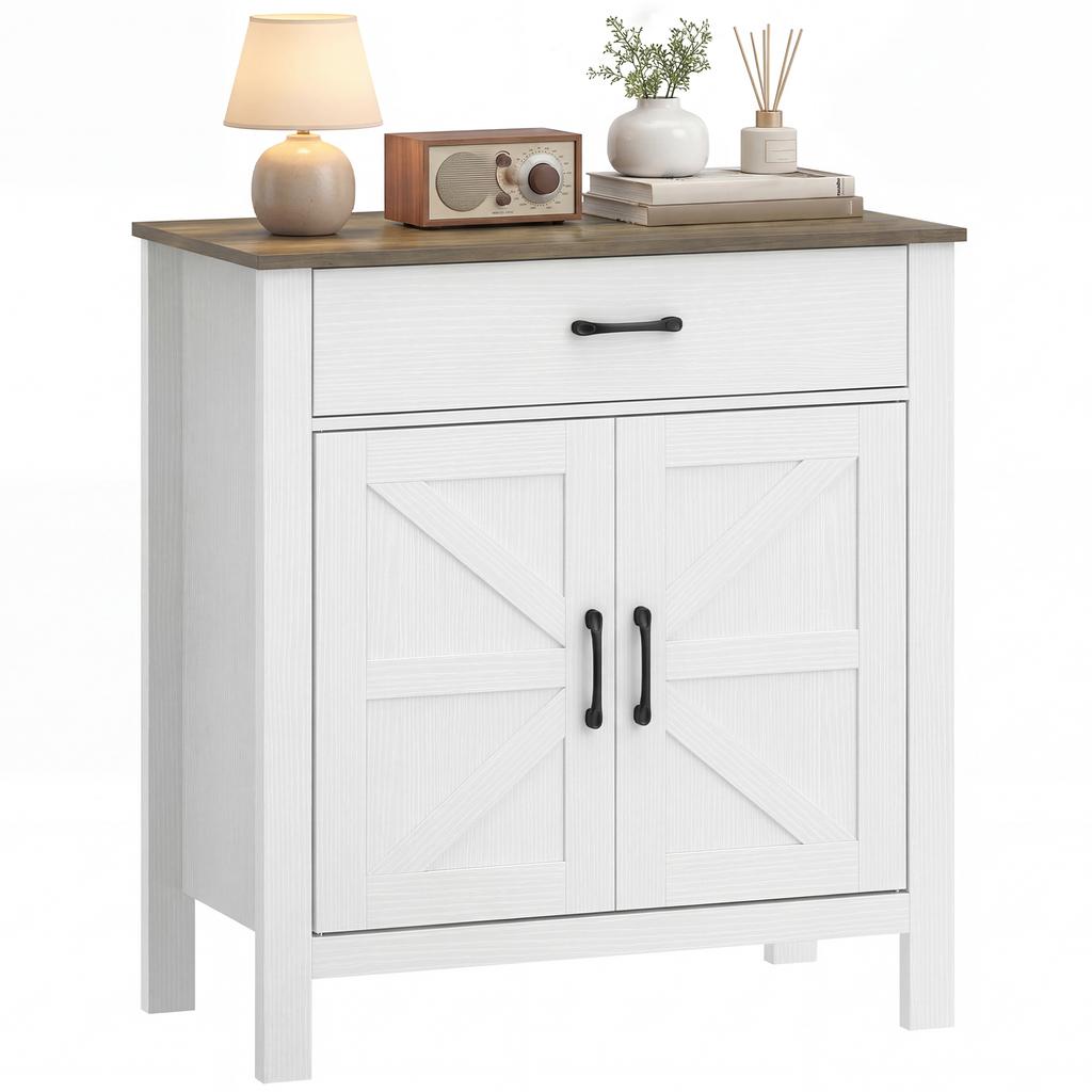 Living Room Sideboard, 2 Barn Doors, Drawer, Adjustable Shelf, 77 x 39.3 x 81.5 cm, White and Brown