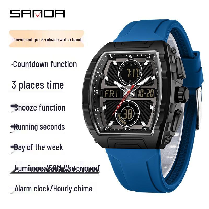 Мужские часы SANDA бочкообразной формы: Съемный ремешок, Двойной дисплей, Многофункциональный, Спортивный, Водонепроницаемый.