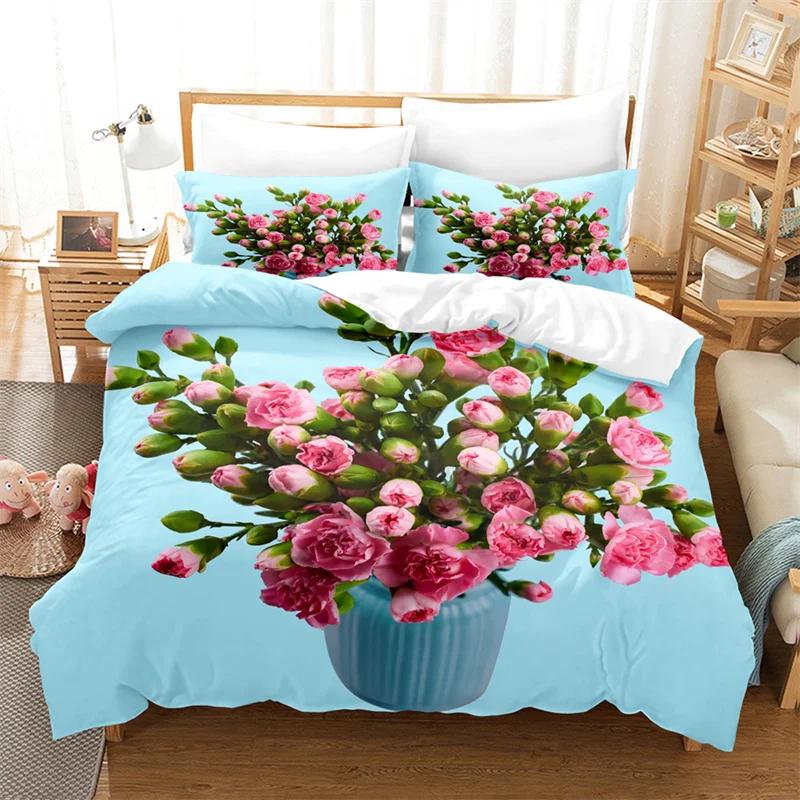 Comforter Rose Flower Bedding Set 4Pcs Pink Red 200X230 For Double Bed 3D Bedsheet 230X230 Full Size Thin Fabric