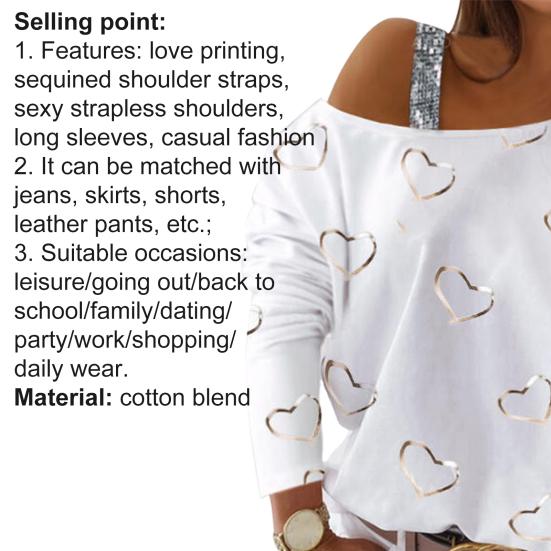 Женская блузка с длинным рукавом в форме сердца и принтом с золотым тиснением и блестящими блестками, футболка на одно плечо, пуловер для