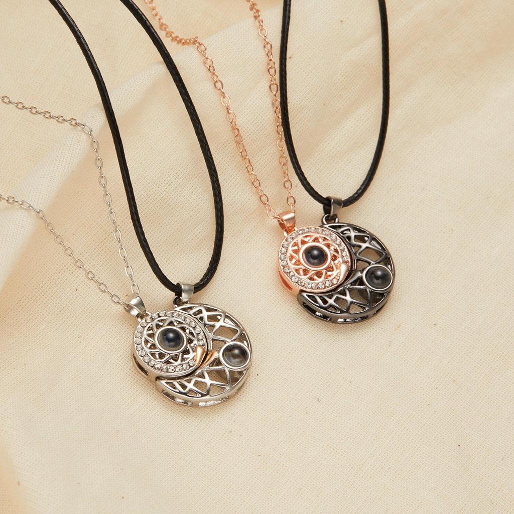 Sun & Moon Magnet Couple Necklace with Heart-Shaped Projection 'I Love You' In 100 Languages