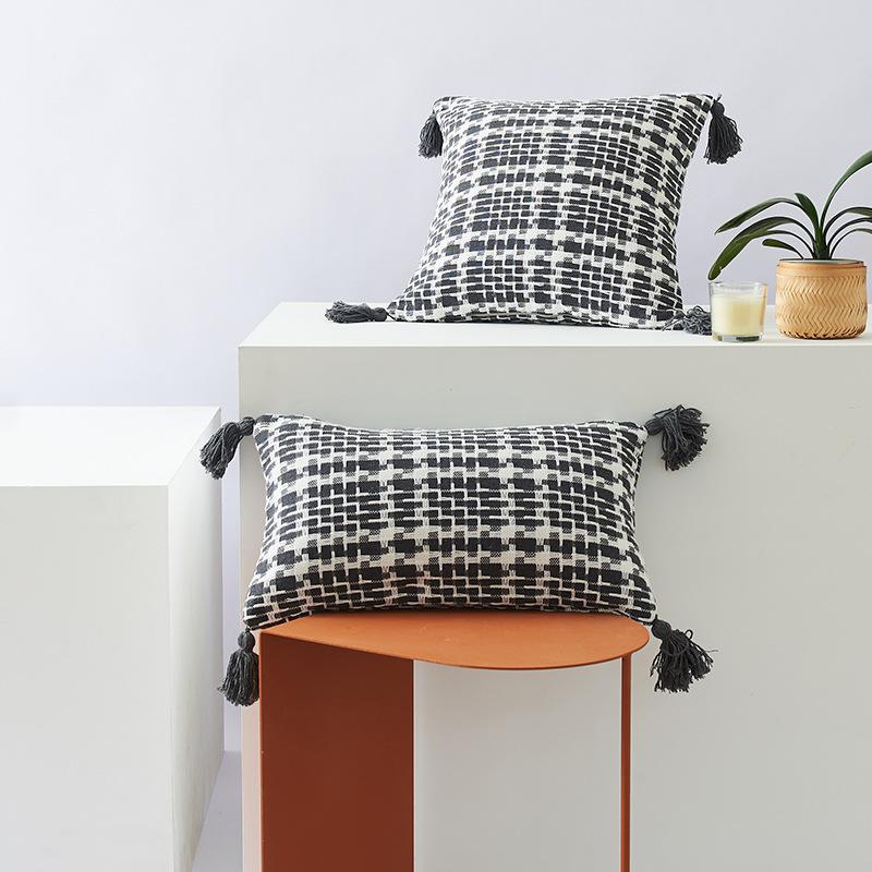 Двухцветная тканая подушка в гусиную лапку Полиэстер-хлопок Кисточка Двусторонняя Офисная Модная в стиле Инс Диванная подушка Чехол для подушки