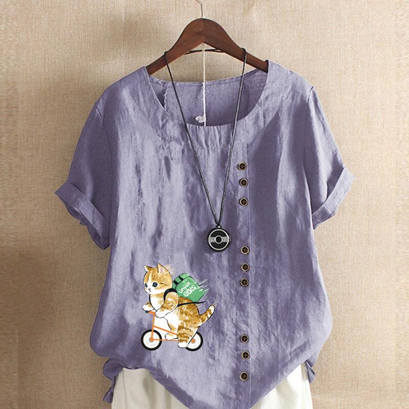 Женская модная футболка с круглым вырезом и короткими рукавами, повседневная хлопково-льняная рубашка с рисунком, летняя блузка с принтом кота для велоспорта, топы больших размеров