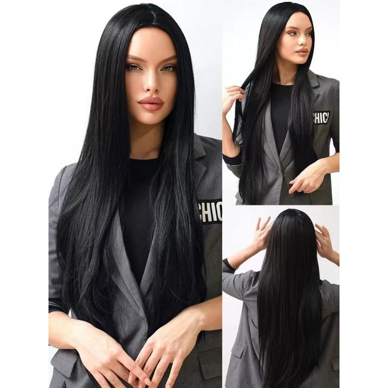 Cosplay Wig Wednesday Addams Costume Black Middle Part Long Straight Full Cap Halloween Party Role Play