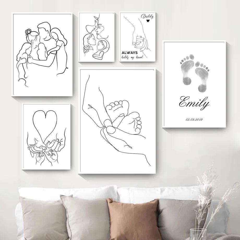 Абстрактные Линии Семья Родитель-ребенок Скандинавские Постеры Черно-белое Настенное Искусство Холст Живопись Настенные Картины Для Декора Гостиной