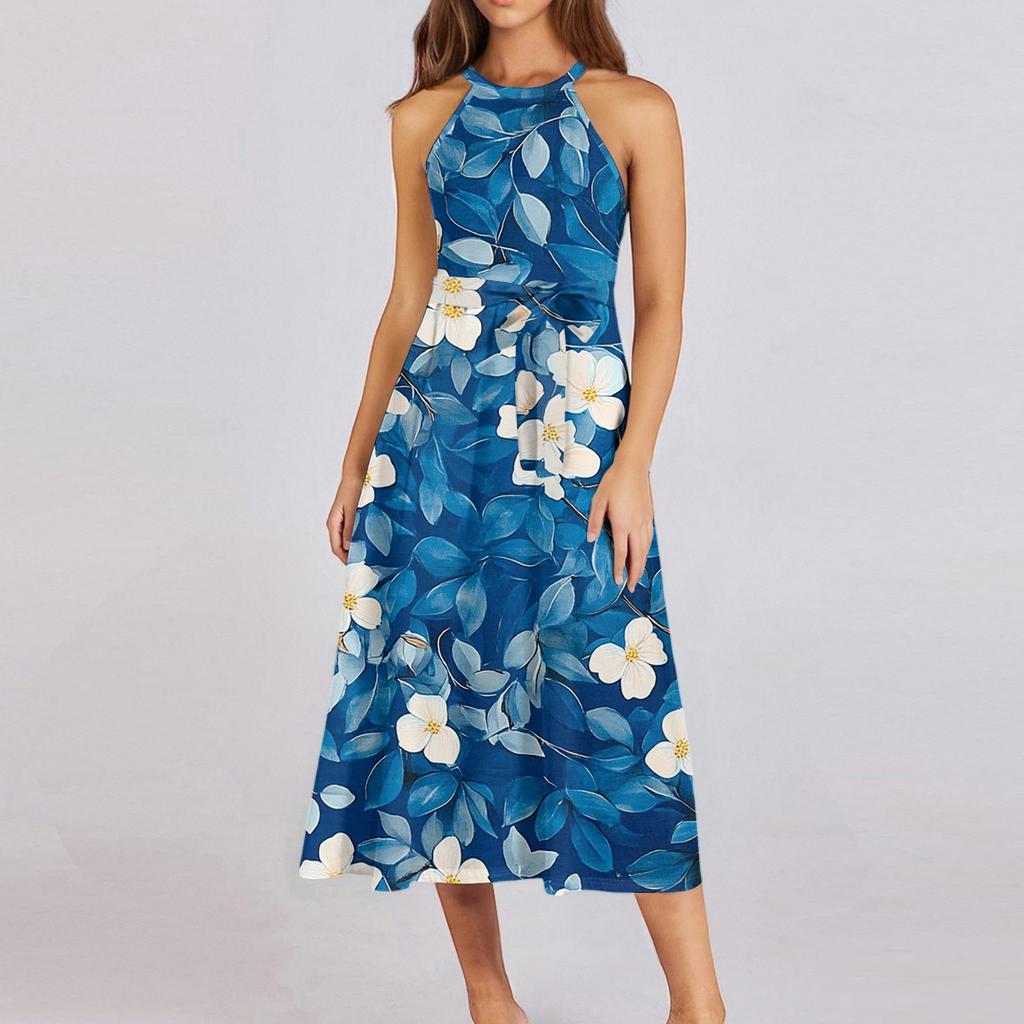 Женское повседневное платье миди с круглым вырезом, классическое, повседневное, без рукавов, свободное платье в стиле бохо с завязками, летний пляжный сарафан