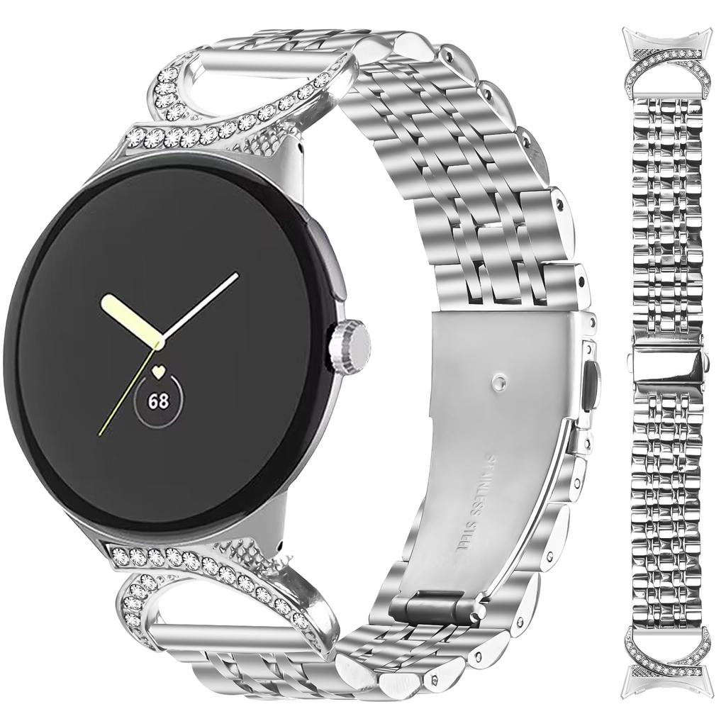 Watch Band for Google Pixel Watch 3 41mm/Watch 2/Watch Seven Bead Stainless Steel Strap with Rhinestone Ox Horn Style Connector