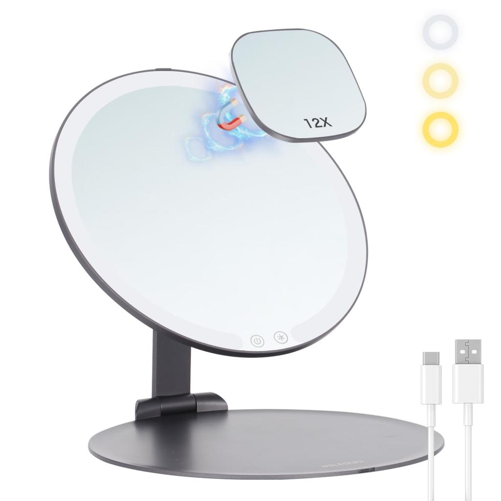MILEDUO Светодиодное складное настольное зеркало для макияжа с зеркалом актрисы, складное зеркало с 12-кратным карманным, 3-ступенчатая цветопередача CRI, HD, свободно регулируемое, USB, 20 см, серое зеркало,
