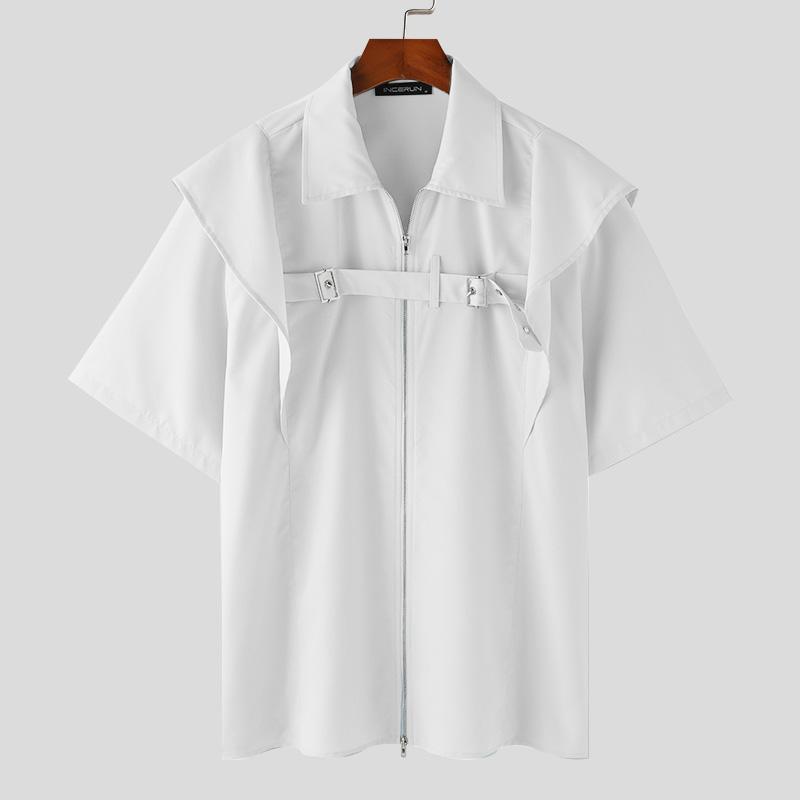 INCERUN Мужские топы с короткими рукавами и оборками, летние рубашки-карго на молнии