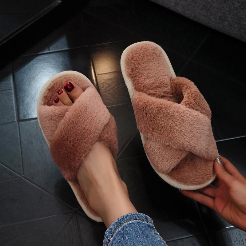 Cross-belt Women's Fluffy Slippers, Open Toe Slippers, Home Women's Thermal Cotton Slippers