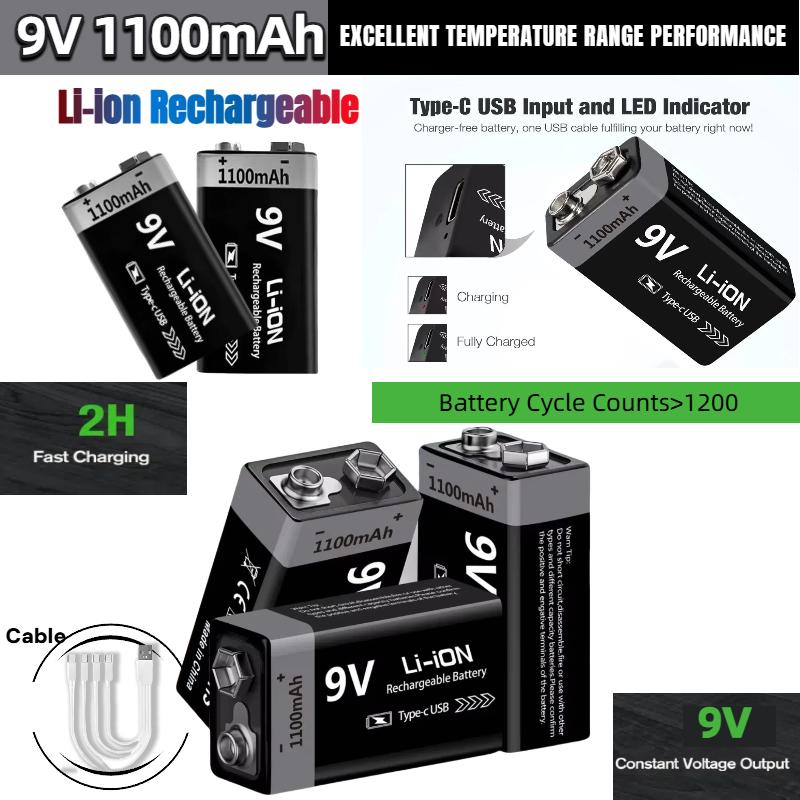 Аккумулятор 9В Перезаряжаемый 1100 мАч USB Type-C 6F22 9В Литий-ионный аккумулятор для Мультиметра, Радиоуправляемых игрушек, Гитарной педали, Микрофона