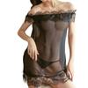 Sexy Babydoll Lace Babydoll Set Nightwear Lingerie Lace Ruffles [AQURAD] Off-the-shoulder T-back 2-piece Women's See-through (Black)