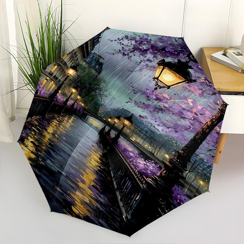 Parisian Canal Purple Blossoms Themed Automatic Opening and Closing Umbrella, Brightly Colored 8-rib Portable Umbrella, Suitable for Men and