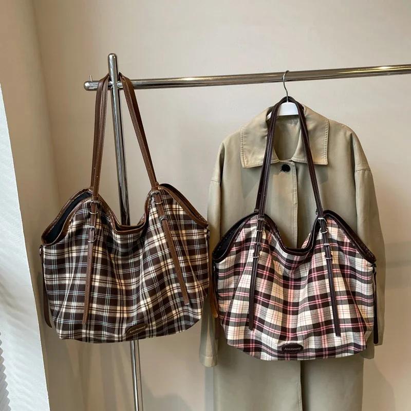 Casual Plaid Canvas Bag for Women Versatile Shoulder Bag Large Capacity New Fashion