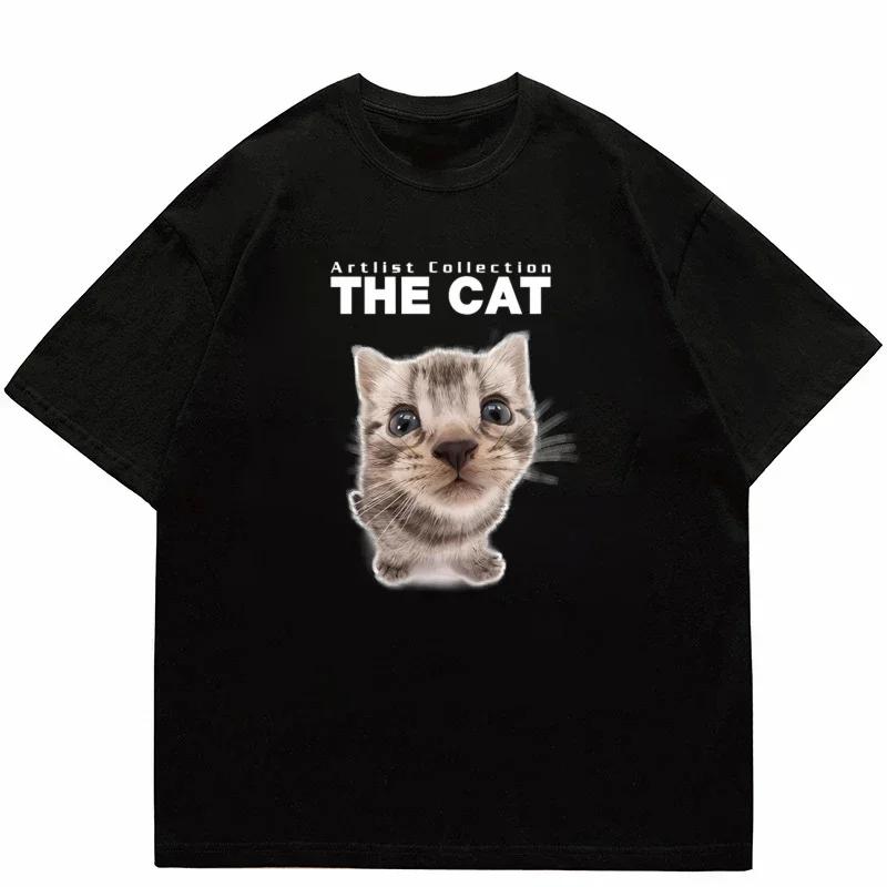 Top Style Noble Cat Love Music T-shirt Cute Cat Print Short Sleeve T-shirt Men's Harajuku Fashion Couple Loose Street Style Y2K