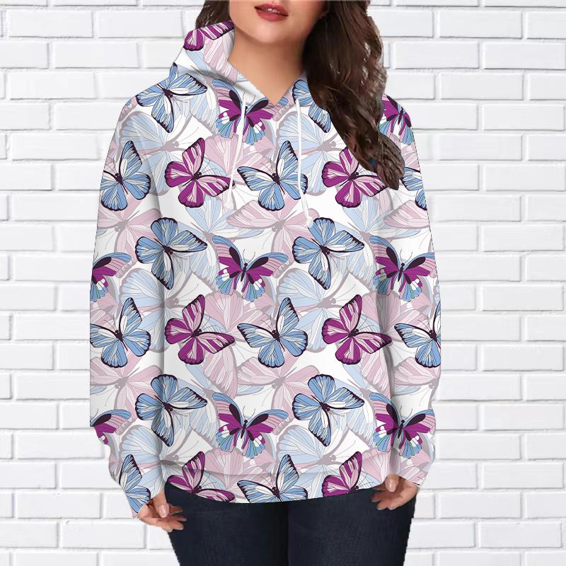 Женская мода Синяя любовь Бабочка Принт Свободные толстовки Топы Блузка Толстовка Повседневный длинный рукав Пуловер Топы