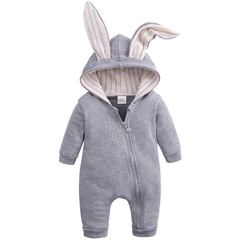 Baby 3d Rabbit Ear Long Romper Cute Long Sleeve Hoodie Jumpsuits Toddler Winter Warm Outwear