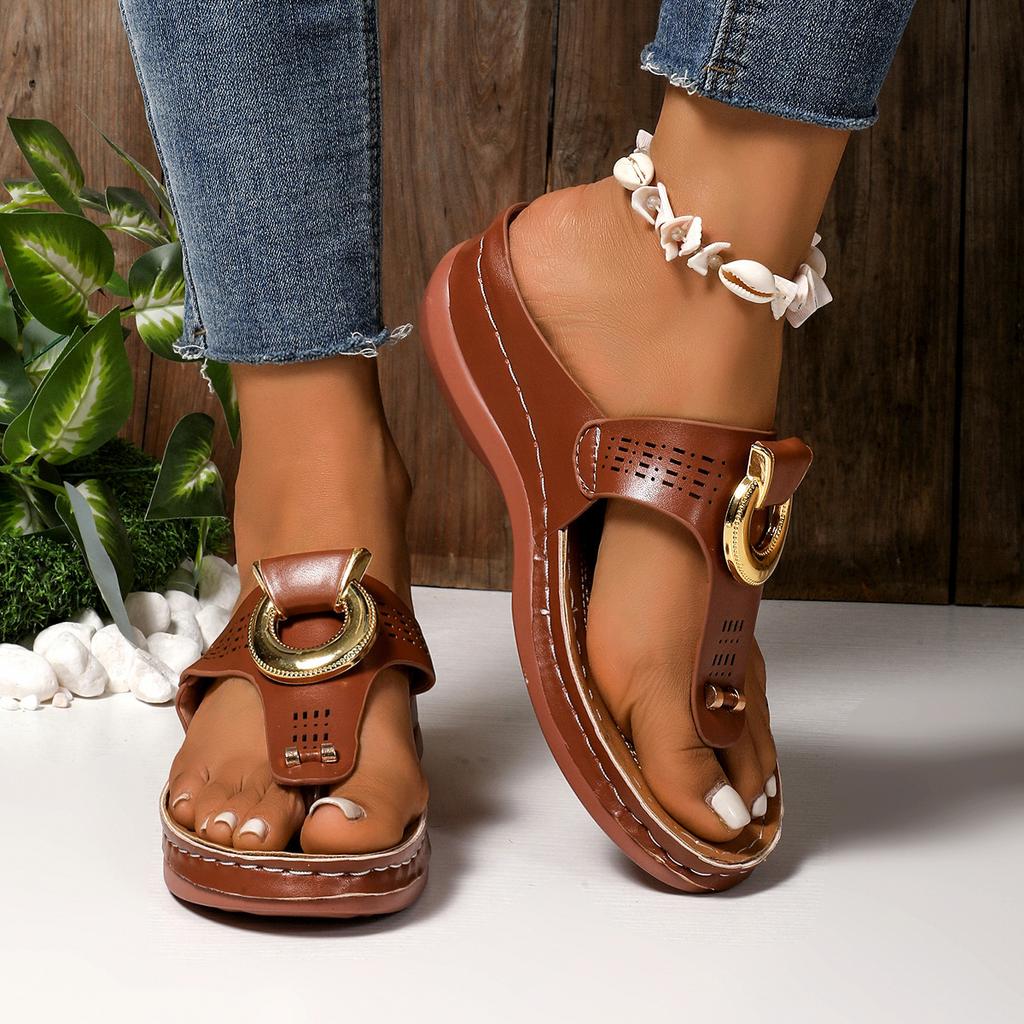 Fashion Women's Fashion Thick-soled Flip Flops Wedge Open Toe Beach Roman Clip-toe Sandal Luxury Metal Buckle Designer Sandals for Women